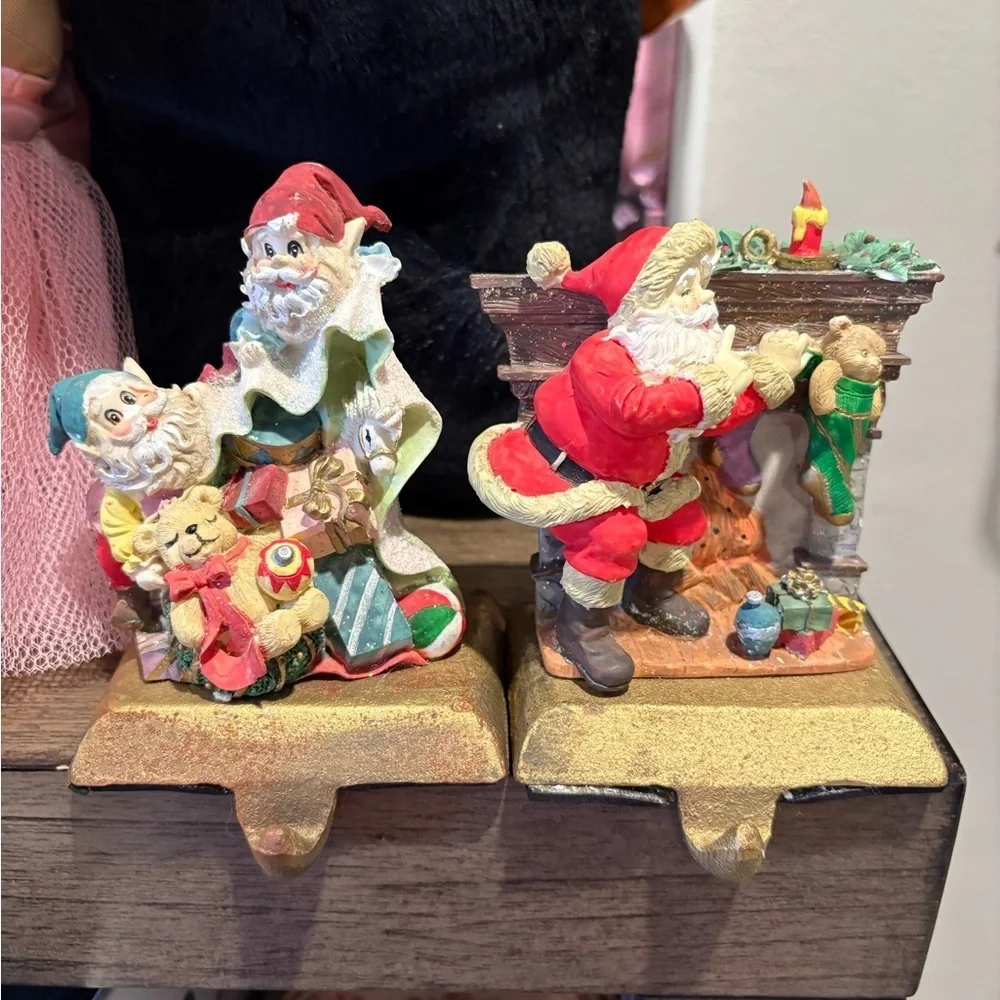 Set of 2 Vintage Heavy Cast Iron Christmas Stocking Mantel Hook Holders Santa
